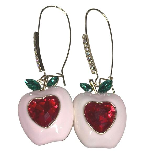 Betsey Johnson Apple Dangle Earrings Red Pink Playful Whimsy Teacher Barbie - Picture 3 of 7